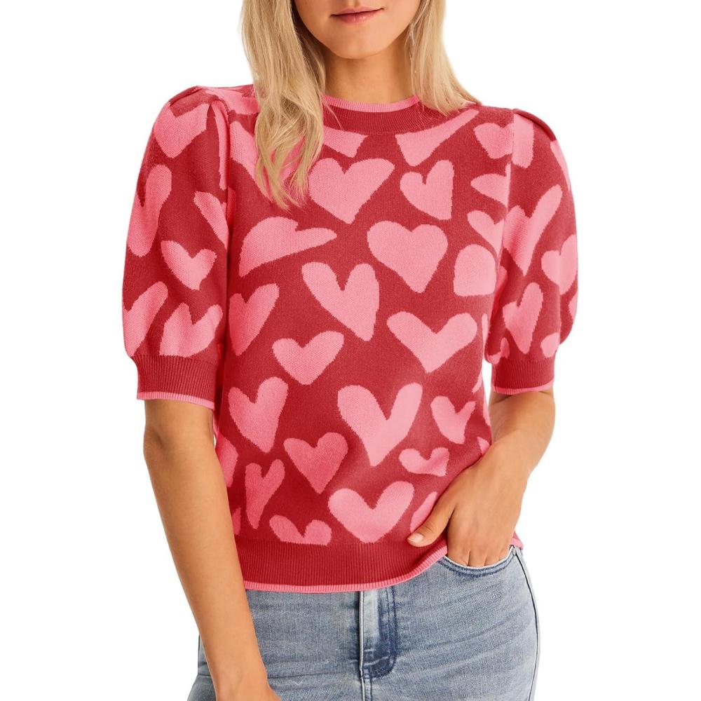 imageSaodimallsu Womens Puff Short Sleeve Heart Sweater Valentines Crew Neck Graphic Knit Pullover Crop TopsLight Pink