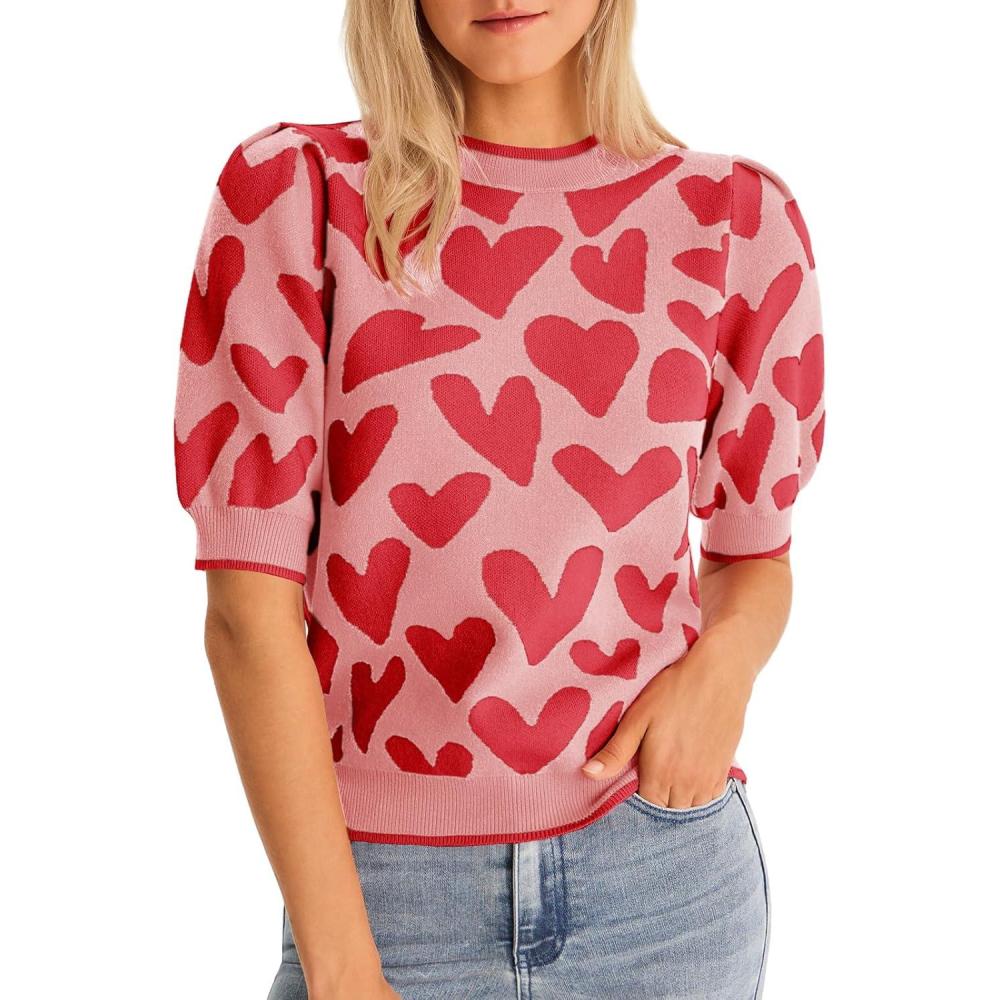 imageSaodimallsu Womens Puff Short Sleeve Heart Sweater Valentines Crew Neck Graphic Knit Pullover Crop TopsLight Red