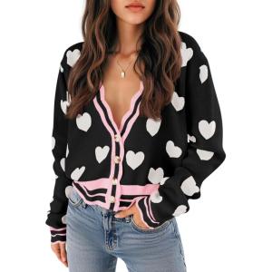 Saodimallsu Womens Cute Heart Cardigan Sweaters Button V Neck Long Sleeve Color Block Knit Valentines Sweater(Black)