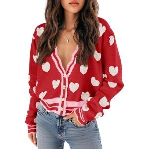 Saodimallsu Womens Cute Heart Cardigan Sweaters Button V Neck Long Sleeve Color Block Knit Valentines Sweater(Red)