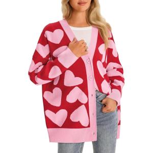 Saodimallsu Womens Heart Cardigan Sweaters Cute Valentines Oversized V Neck Button Up Winter Sweater Coats(Light Pink)