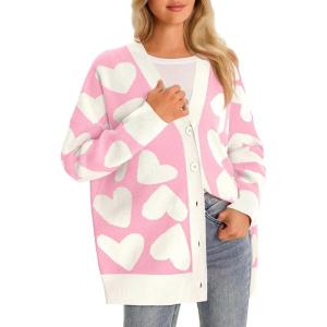 Saodimallsu Womens Heart Cardigan Sweaters Cute Valentines Oversized V Neck Button Up Winter Sweater Coats(Pink)