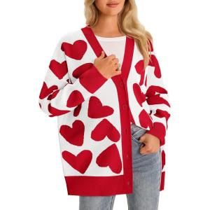 Saodimallsu Womens Heart Cardigan Sweaters Cute Valentines Oversized V Neck Button Up Winter Sweater Coats(White)