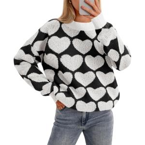 Saodimallsu Womens Heart Sweaters Valentines Fuzzy Knit Crewneck Cute Loose Sweaters(Black)