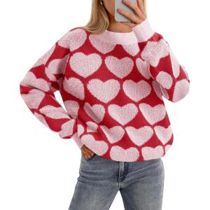 Saodimallsu Womens Heart Sweaters Valentines Fuzzy Knit Crewneck Cute Loose Sweaters(Bright Pink)