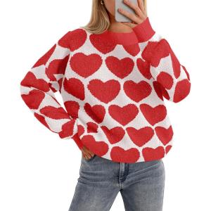 Saodimallsu Womens Heart Sweaters Valentines Fuzzy Knit Crewneck Cute Loose Sweaters(Red)