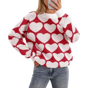 Saodimallsu Womens Heart Sweaters Valentines Fuzzy Knit Crewneck Cute Loose Sweaters(White)