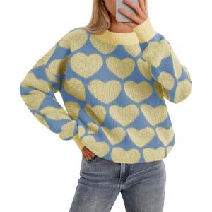 Saodimallsu Womens Heart Sweaters Valentines Fuzzy Knit Crewneck Cute Loose Sweaters(Yellow)