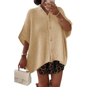 Saodimallsu Womens Oversized Cardigan Sweaters Short Sleeve Button Down Casual Lightweight Loose Knit Trendy Cardigans(Beige)