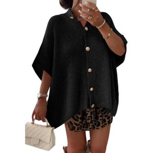 Saodimallsu Womens Oversized Cardigan Sweaters Short Sleeve Button Down Casual Lightweight Loose Knit Trendy Cardigans(Black)