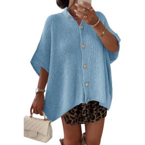 Saodimallsu Womens Oversized Cardigan Sweaters Short Sleeve Button Down Casual Lightweight Loose Knit Trendy Cardigans(Blue)