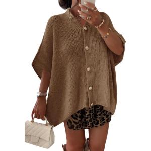 Saodimallsu Womens Oversized Cardigan Sweaters Short Sleeve Button Down Casual Lightweight Loose Knit Trendy Cardigans(Brown)