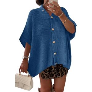 Saodimallsu Womens Oversized Cardigan Sweaters Short Sleeve Button Down Casual Lightweight Loose Knit Trendy Cardigans(Navy Blue)