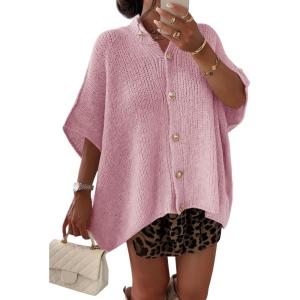 Saodimallsu Womens Oversized Cardigan Sweaters Short Sleeve Button Down Casual Lightweight Loose Knit Trendy Cardigans(Pink)