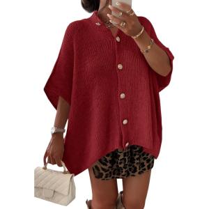 Saodimallsu Womens Oversized Cardigan Sweaters Short Sleeve Button Down Casual Lightweight Loose Knit Trendy Cardigans(Wine Red)