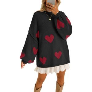 Saodimallsu Womens Oversized Heart Sweater Valentines Cute Mock Neck Chunky Knit Long Sleeve Tunic Sweaters(Black)