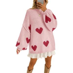Saodimallsu Womens Oversized Heart Sweater Valentines Cute Mock Neck Chunky Knit Long Sleeve Tunic Sweaters(Pink)