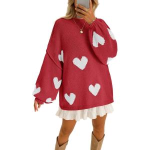 Saodimallsu Womens Oversized Heart Sweater Valentines Cute Mock Neck Chunky Knit Long Sleeve Tunic Sweaters(Red)