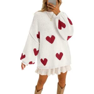 Saodimallsu Womens Oversized Heart Sweater Valentines Cute Mock Neck Chunky Knit Long Sleeve Tunic Sweaters(White)