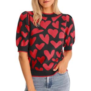 Saodimallsu Womens Puff Short Sleeve Heart Sweater Valentines Crew Neck Graphic Knit Pullover Crop Tops(Black)