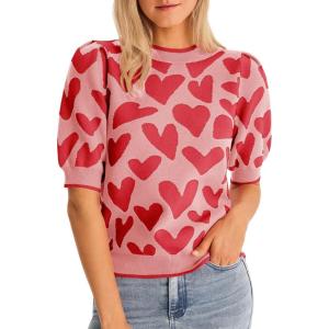 Saodimallsu Womens Puff Short Sleeve Heart Sweater Valentines Crew Neck Graphic Knit Pullover Crop Tops(Light Red)