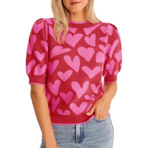 Saodimallsu Womens Puff Short Sleeve Heart Sweater Valentines Crew Neck Graphic Knit Pullover Crop Tops(Red)