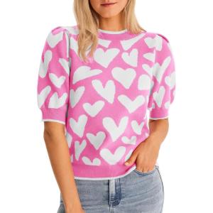 Saodimallsu Womens Puff Short Sleeve Heart Sweater Valentines Crew Neck Graphic Knit Pullover Crop Tops(Rose Red)