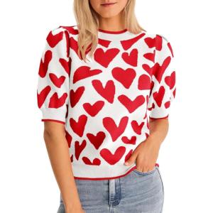 Saodimallsu Womens Puff Short Sleeve Heart Sweater Valentines Crew Neck Graphic Knit Pullover Crop Tops(White)