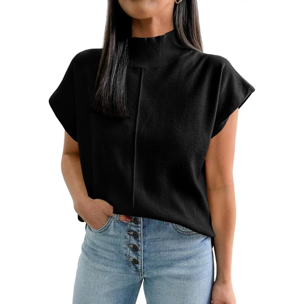 imageSaodimallsu Womens Summer Cap Sleeve Tops Mock Neck Knit Sweater Vest Sleeveless Work Elegant ShirtsBlack