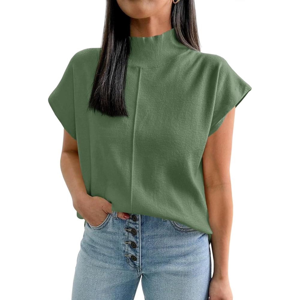 imageSaodimallsu Womens Summer Cap Sleeve Tops Mock Neck Knit Sweater Vest Sleeveless Work Elegant ShirtsGreen