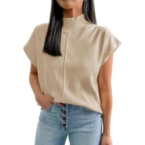 Saodimallsu Womens Summer Cap Sleeve Tops Mock Neck Knit Sweater Vest Sleeveless Work Elegant Shirts(Apricot)