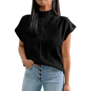 Saodimallsu Womens Summer Cap Sleeve Tops Mock Neck Knit Sweater Vest Sleeveless Work Elegant Shirts(Black)