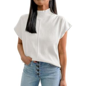 Saodimallsu Womens Summer Cap Sleeve Tops Mock Neck Knit Sweater Vest Sleeveless Work Elegant Shirts(White)