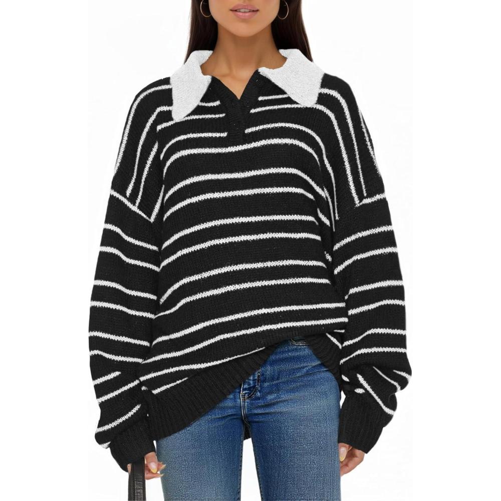 imageSaodimallsu Womens Striped Swaters Button Collared Polo Shirts Oversized Long Sleeve Chunky Knit Trendy Pullover TopsBlack
