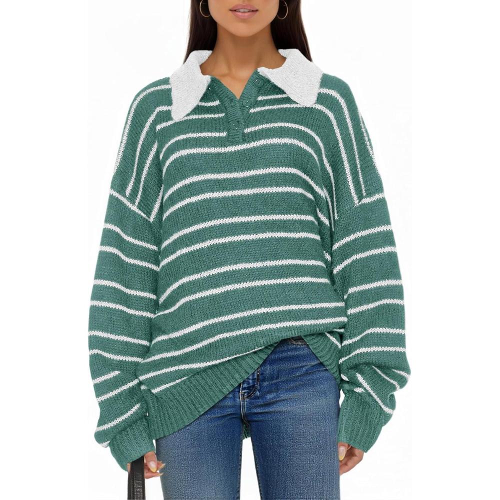 imageSaodimallsu Womens Striped Swaters Button Collared Polo Shirts Oversized Long Sleeve Chunky Knit Trendy Pullover TopsGreen
