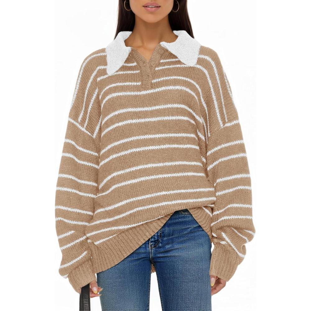 imageSaodimallsu Womens Striped Swaters Button Collared Polo Shirts Oversized Long Sleeve Chunky Knit Trendy Pullover TopsKhaki