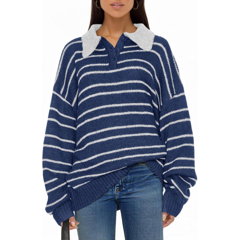 imageSaodimallsu Womens Striped Swaters Button Collared Polo Shirts Oversized Long Sleeve Chunky Knit Trendy Pullover TopsNavy