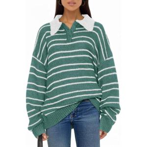 Saodimallsu Womens Striped Swaters Button Collared Polo Shirts Oversized Long Sleeve Chunky Knit Trendy Pullover Tops(Green)