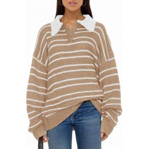 Saodimallsu Womens Striped Swaters Button Collared Polo Shirts Oversized Long Sleeve Chunky Knit Trendy Pullover Tops(Khaki)