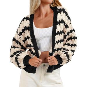 Saodimallsu Womens Cropped Cardigan Striped Open Front Long Lantern Sleeve Color Block Loose Chunky Knit Sweater Coat(Black)