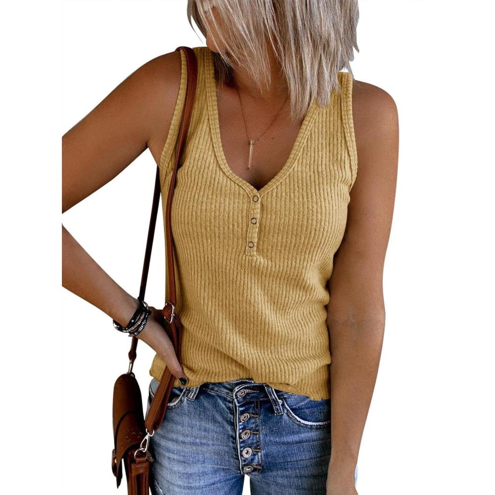 image:imageSaodimallsu Womens V Neck Tank Tops Summer Ribbed Sleeveless Henley Shirts Casual Loose Button Up Cami Knit TeesYellow