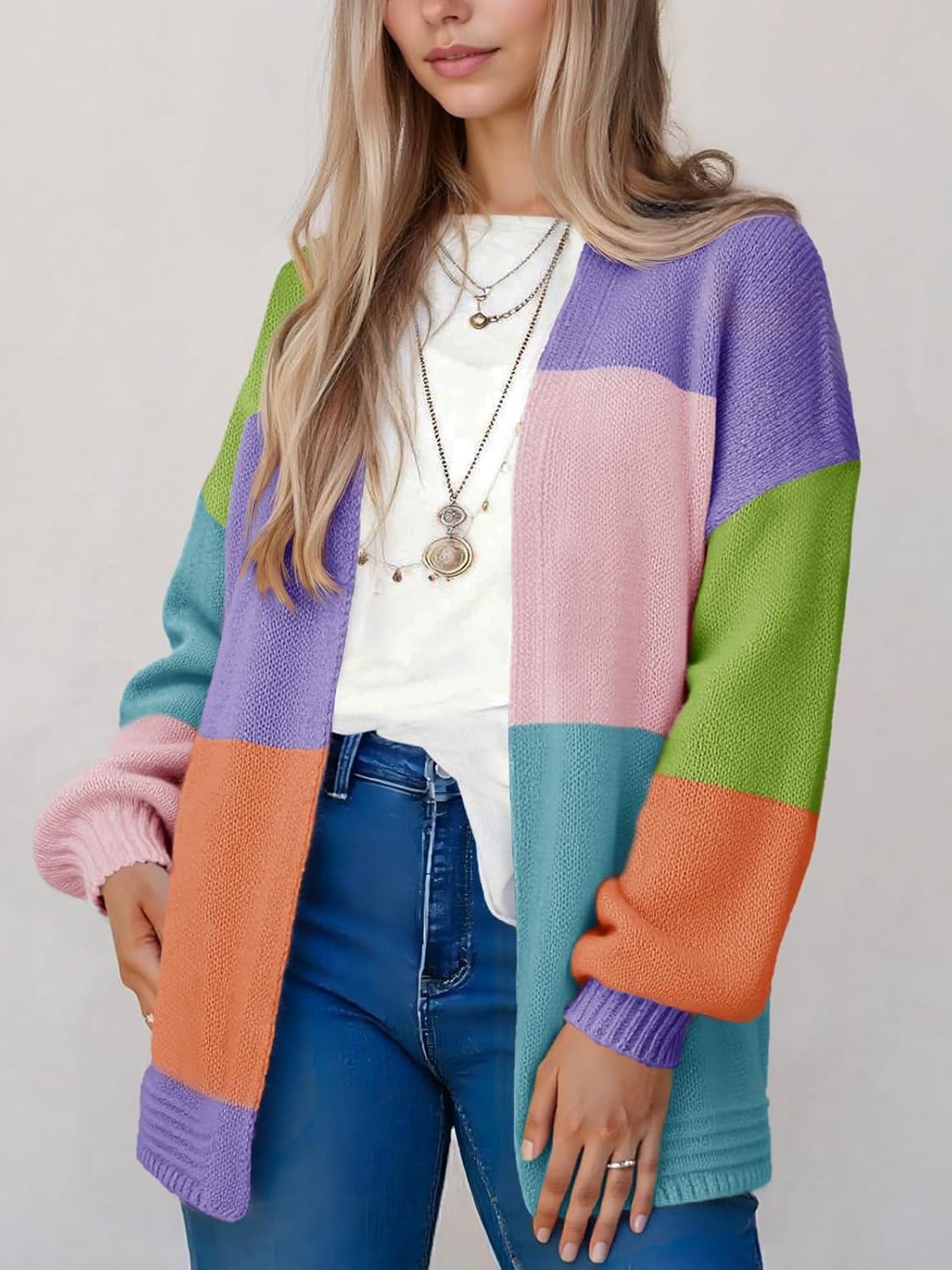 image:imageSaodimallsu Womens Boho Cardigans Colorful Long Sleeve Cardigan Open Front Sweaters Chunky Knit Coats Loose Fit 2025Lake Blue