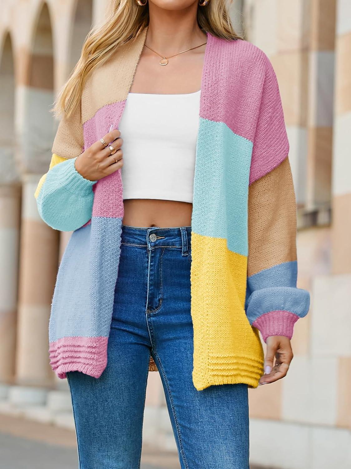 image:imageSaodimallsu Womens Boho Cardigans Colorful Long Sleeve Cardigan Open Front Sweaters Chunky Knit Coats Loose Fit 2025Pink