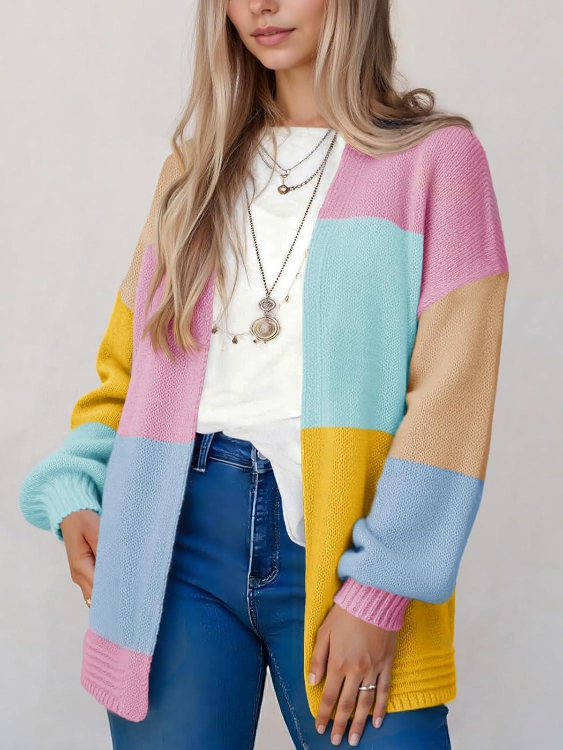 image:imageSaodimallsu Womens Boho Cardigans Colorful Long Sleeve Cardigan Open Front Sweaters Chunky Knit Coats Loose Fit 2025Pink