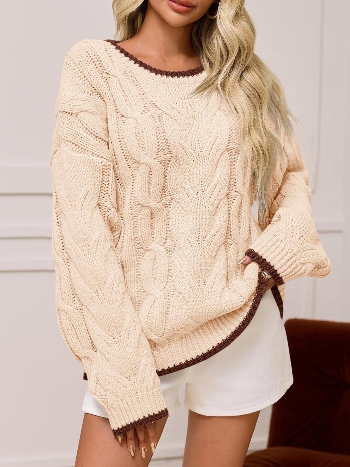 image:imageSaodimallsu Womens Oversized Sweater Casual Cable Knit Color Block Crewneck Pullover 2025 Fall Winter Chunky Trendy SweatersApricot