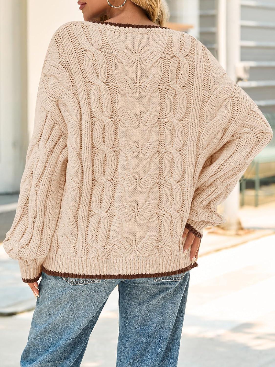 image:imageSaodimallsu Womens Oversized Sweater Casual Cable Knit Color Block Crewneck Pullover 2025 Fall Winter Chunky Trendy SweatersApricot