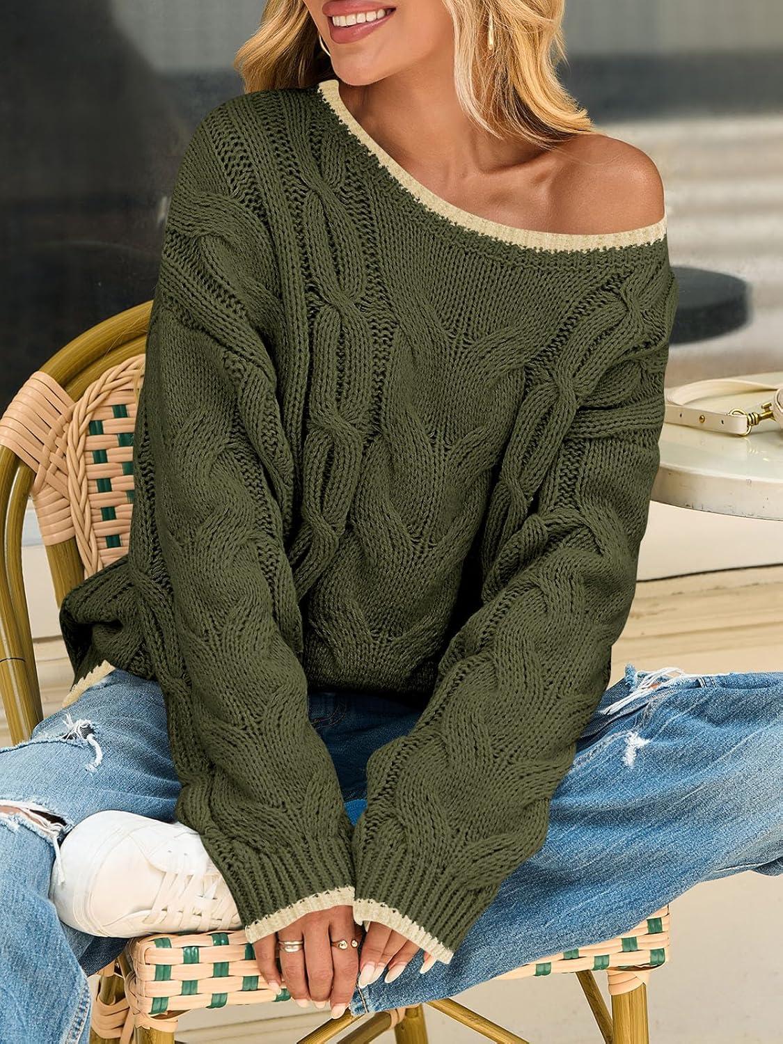 image:imageSaodimallsu Womens Oversized Sweater Casual Cable Knit Color Block Crewneck Pullover 2025 Fall Winter Chunky Trendy SweatersArmy Green