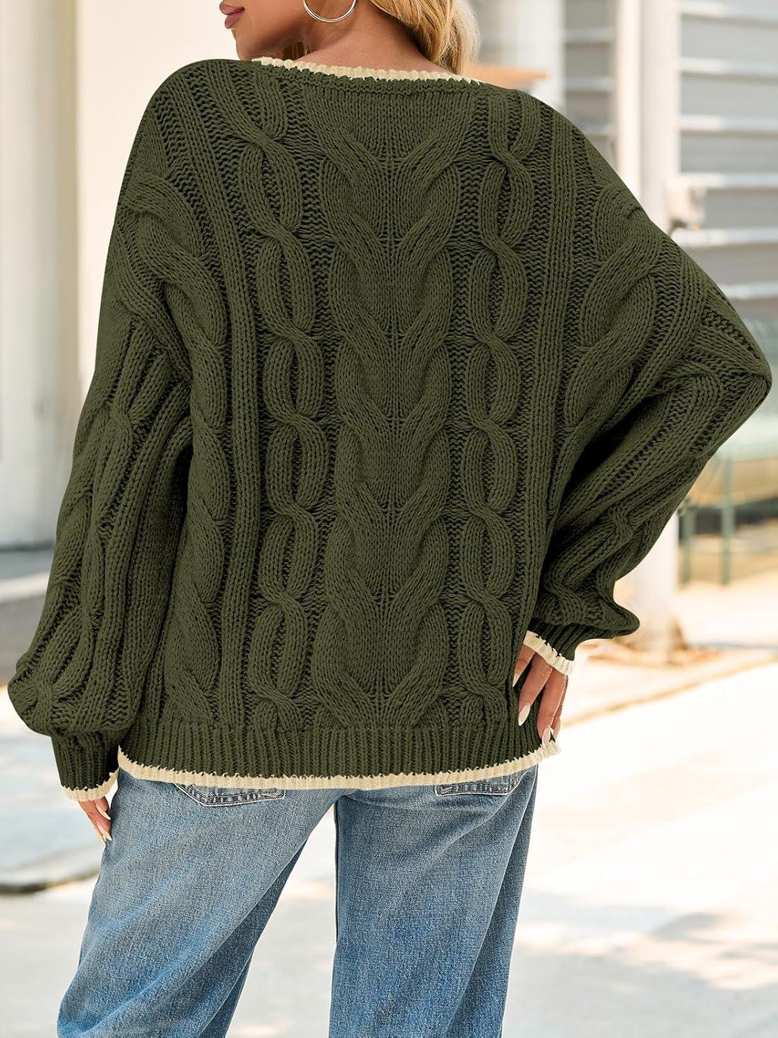 image:imageSaodimallsu Womens Oversized Sweater Casual Cable Knit Color Block Crewneck Pullover 2025 Fall Winter Chunky Trendy SweatersArmy Green