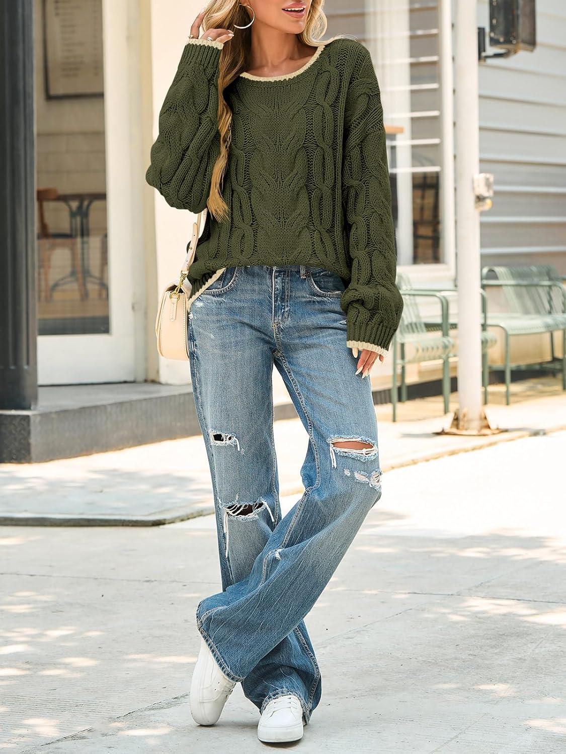 image:imageSaodimallsu Womens Oversized Sweater Casual Cable Knit Color Block Crewneck Pullover 2025 Fall Winter Chunky Trendy SweatersArmy Green