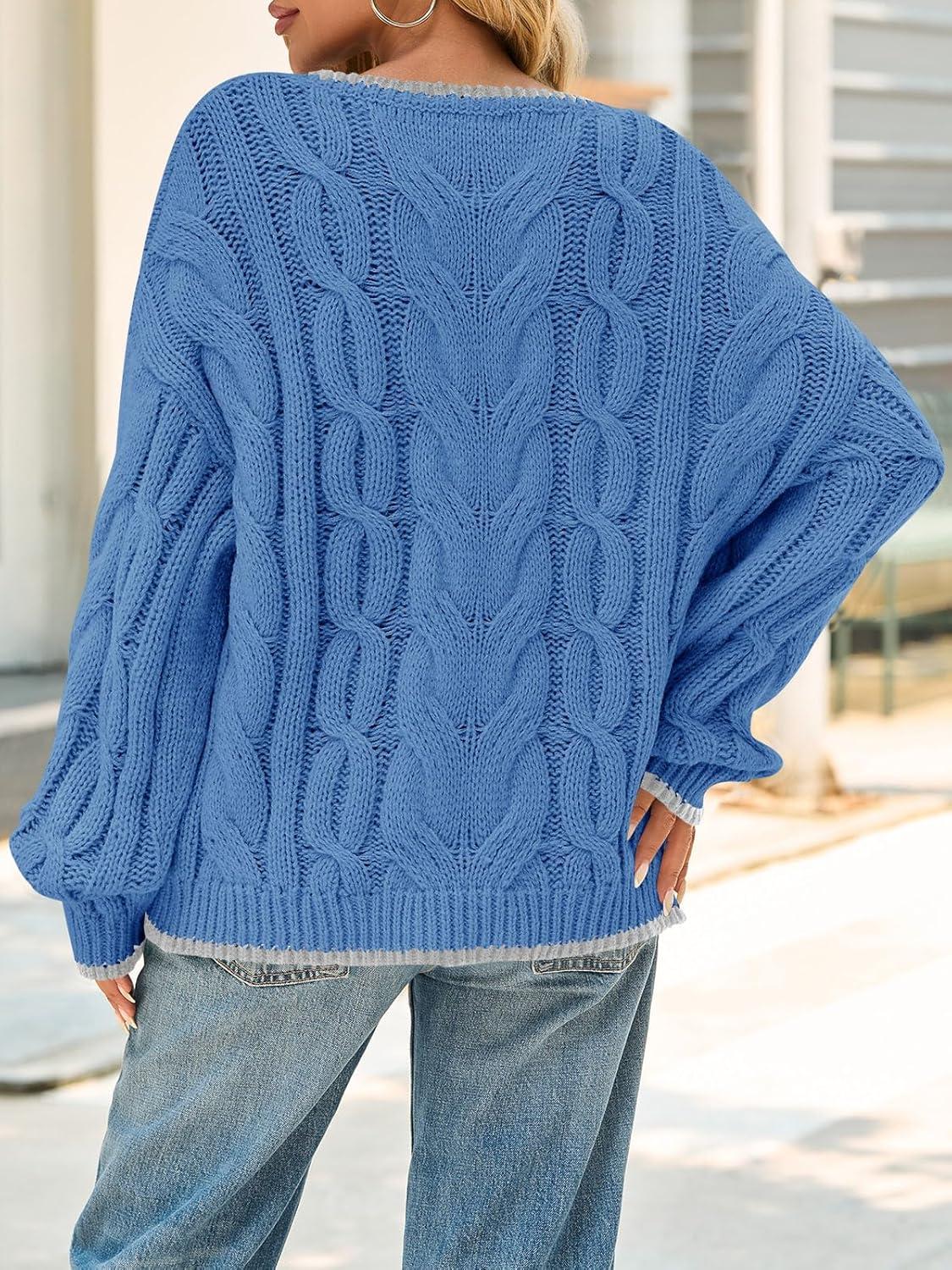 image:imageSaodimallsu Womens Oversized Sweater Casual Cable Knit Color Block Crewneck Pullover 2025 Fall Winter Chunky Trendy SweatersBlue